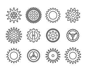 Black gear icon set. Cogwheel line style vector collection. Machine gears symbol