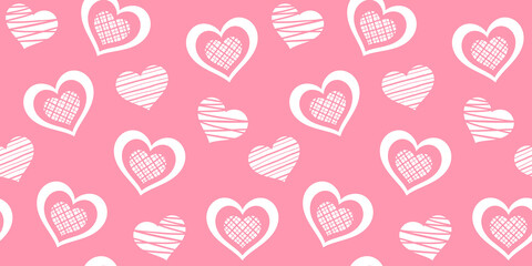 Different striped white hearts on a pink background. Vector seamless pattern for wallpaper, wrapping paper, giftwrap, wrapper, surface texture and print. Design template for Valentine`s day or wedding