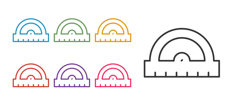 Set line Protractor grid for measuring degrees icon isolated on white background. Tilt angle meter. Measuring tool. Geometric symbol. Set icons colorful. Vector