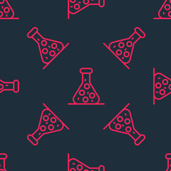 Red line Test tube and flask chemical laboratory test icon isolated seamless pattern on black background. Laboratory glassware sign. Vector