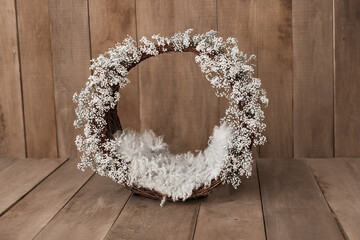 Newborn Digital Background winter flowers Basket Prop for Newborn. For boys and girls. Wood back....