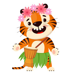 Cute cartoon tiger in traditional hawaiian skirt and floral wreath on head plays the drum. Symbol of 2022, year of the tiger. Vector illustration - obrazy, fototapety, plakaty