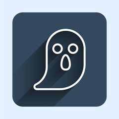 White line Ghost icon isolated with long shadow background. Happy Halloween party. Blue square button. Vector