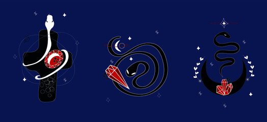 Fototapeta premium Mystical snake and moon. Red crystals