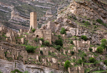 Fototapeta na wymiar Ruins of the aul of the ghost of Kahib in the mountains of Dagestan