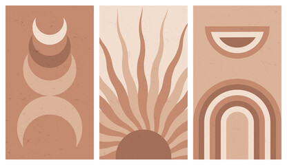 Set of abstract paintings with sun and moon in minimalistic trendy style. Triptych in boho pastel colors for covers, posters, postcards, social media stories. Vector illustration.