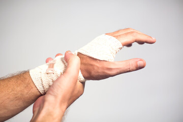Elastic bandage on hand. Healthcare and medicine