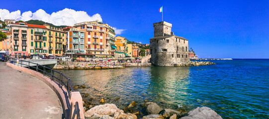 Beautiful italian coastal town Rapallo. View of medieval fortress and promenade. Italy, Liguria,...