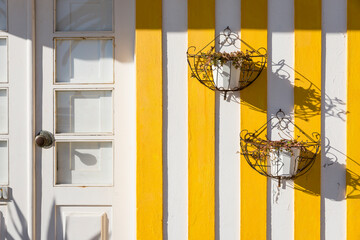 flower pots hanging on a yellow striped wall of a cosy house
