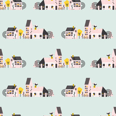 Seamless pattern with a beautiful city view. Cozy houses. A street with buildings, trees, a bike, and a bird. Vector illustration, design, fabric, wrapping paper