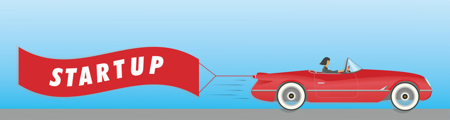 Woman driving cool red classic car with banner, text STARTUP. Vector illustration. EPS10.

