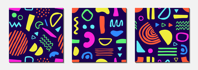 Set of seamless patterns with abstract shapes. Colorful vector elements for background, wallpaper, textile, cover, banner, greeting card. Modern graphic for a children's holiday. Simple, fun design