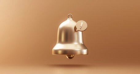 Gold important update notification bell alarm icon or receive email attention sms sign and internet message illustration on golden background with web communication symbol element. 3D rendering. - obrazy, fototapety, plakaty