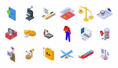 Regulated products icons set isometric vector. Control quality. Safety test