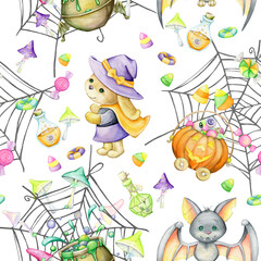Watercolor seamless pattern, for the Halloween holiday, on an isolated background. Bunny, bat, pumpkin, candy, mushrooms, potion, spider web.