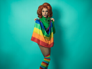 Happy drag queen celebrating gay pride holding rainbow flag - LGBTQ social community concept