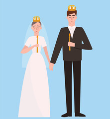 Othodox wedding in church with candles and crowns. Vector illustration