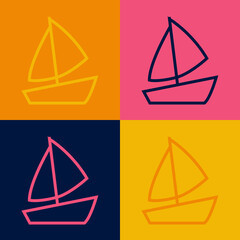 Pop art line Yacht sailboat or sailing ship icon isolated on color background. Sail boat marine cruise travel. Vector