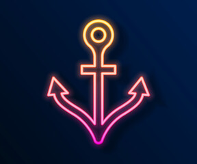 Glowing neon line Anchor icon isolated on black background. Vector