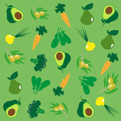 Healthy food seamless background. Vector illustration. vegetables and fruits. Nutrition.