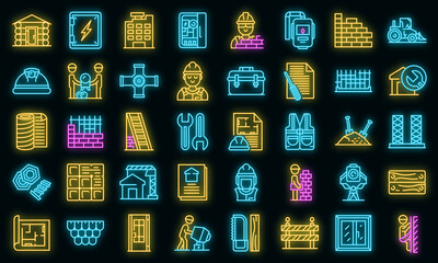 Builder icons set. Outline set of builder vector icons neon color on black