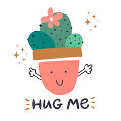 Cute vector illustration. Icon of funny cactus. Hand drawn lettering 