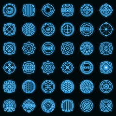 Manhole icons set. Outline set of manhole vector icons neon color on black
