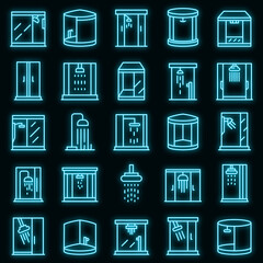 Shower stall icons set. Outline set of shower stall vector icons neon color on black