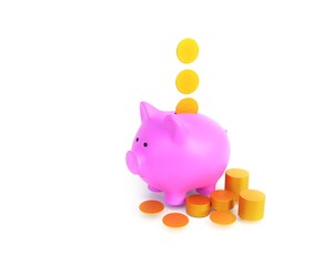 piggy bank with the coin on an old wooden table,3d rendering