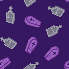 Cute coffin and headstone vector halloween seamless pattern on a violet background