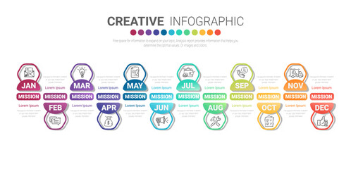 Timeline business for 12 months, 1 year, Timeline infographics design vector and Presentation business can be used for Business concept with 12 options, steps or processes. 