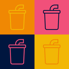 Pop art line Paper glass with drinking straw and water icon isolated on color background. Soda drink glass. Fresh cold beverage symbol. Vector