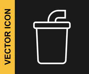 White line Paper glass with drinking straw and water icon isolated on black background. Soda drink glass. Fresh cold beverage symbol. Vector
