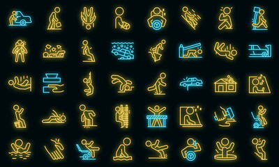 Careless person icons set. Outline set of careless person vector icons neon color on black