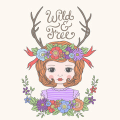 Cute girl with deer horns, floral wreath, ribbon. Wild and Free slogan