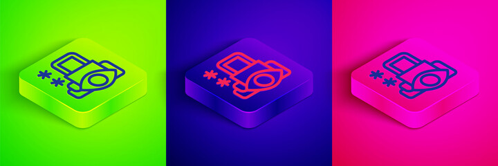 Isometric line Cyber security icon isolated on green, blue and pink background. Closed padlock on digital circuit board. Safety concept. Digital data protection. Square button. Vector