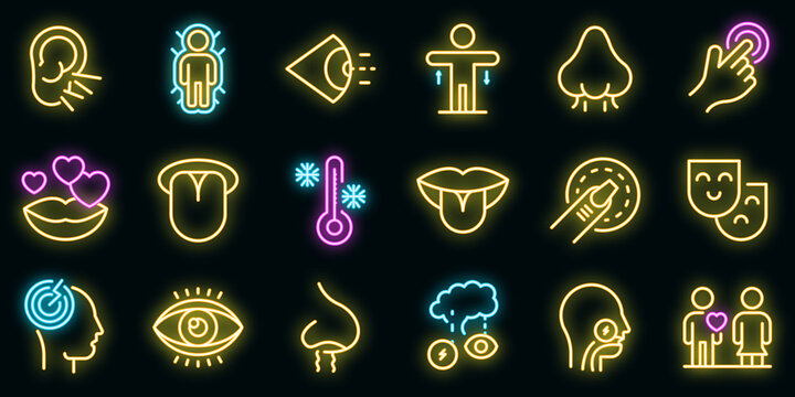 Senses icons set. Outline set of senses vector icons neon color on black