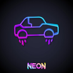 Obraz premium Glowing neon line Fantastic flying car icon isolated on black background. Hover car future technology future transport. Vector