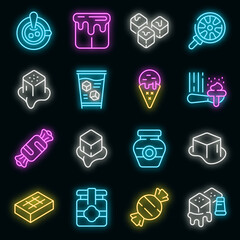 Salted caramel icons set. Outline set of salted caramel vector icons neon color on black