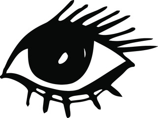 Vector hand-drawn eye with eyelashes black on a white background. For prints on clothing, posters and notebooks. Black scribbles on a white background