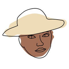 Hand draw outline portrait of african black woman with bown sample color and a yellow hat. Diversity abstract colletion of different people and skin tones.

