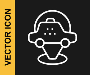 White line Map pointer with taxi car icon isolated on black background. Location symbol. Vector
