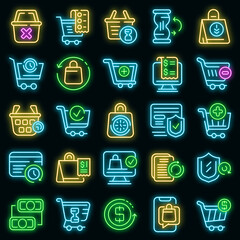 Purchase history icons set. Outline set of purchase history vector icons neon color on black