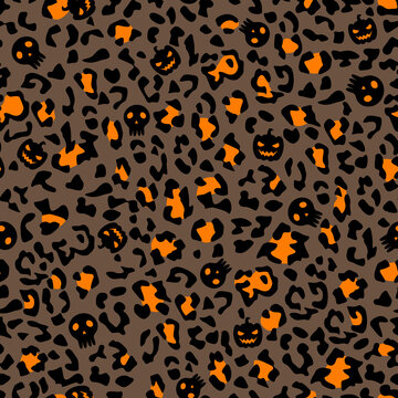 Halloween themed Leopard Pattern with Skulls and Pumpkins