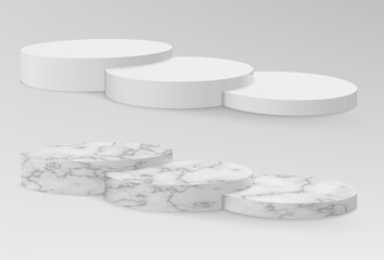 Realistic marble and white pedestals or podium, abstract geometric empty museum stages