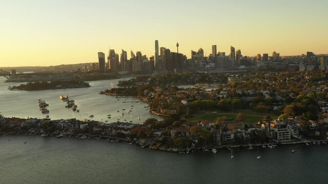 Inner West on Sydney Harbour from Woolwich in aerial morning view as 4k.
