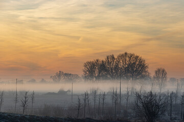 il sole e la nebbia si alzano in una fredda mattina