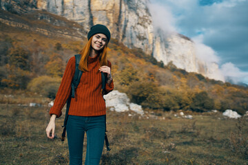 Naklejka premium woman hiker mountains walk backpack travel adventure