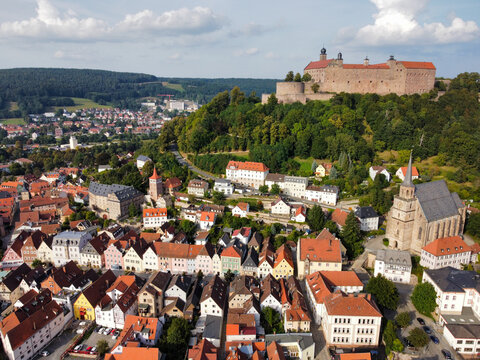 Aerial view of the city of Kulmbach with Plassenburg in Franconia
