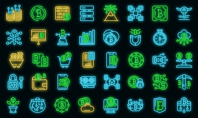 Cryptocurrency icons set. Outline set of cryptocurrency vector icons neon color on black